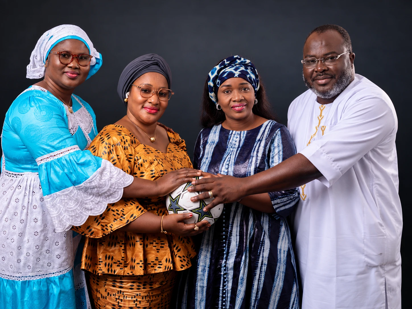 Fatoumata Matisa Soumah, Kadiatou Traoré et Daloba Oularé, les trois femmes de la liste, réunies autour d'un ballon avec le Dr KABA