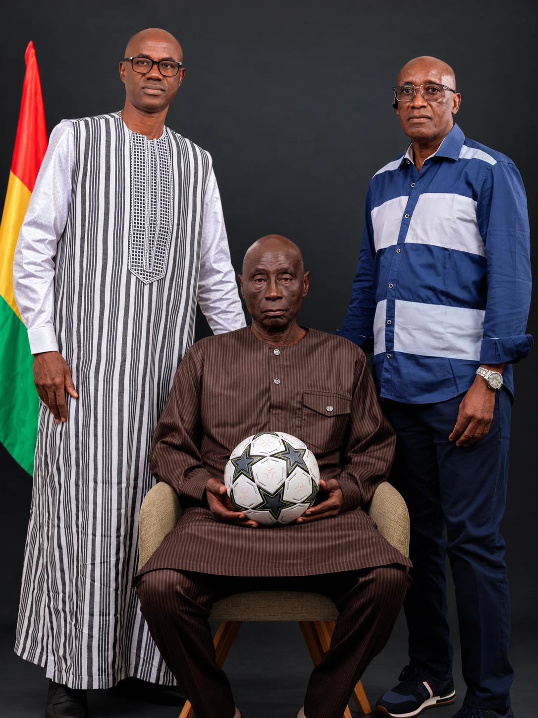 Djibril Diarra, un ballon entre les mains, entouré de Mamadou Alpha Hann, vice-président chargé du football des jeunes, et de Thierno Abdoulaye Bah